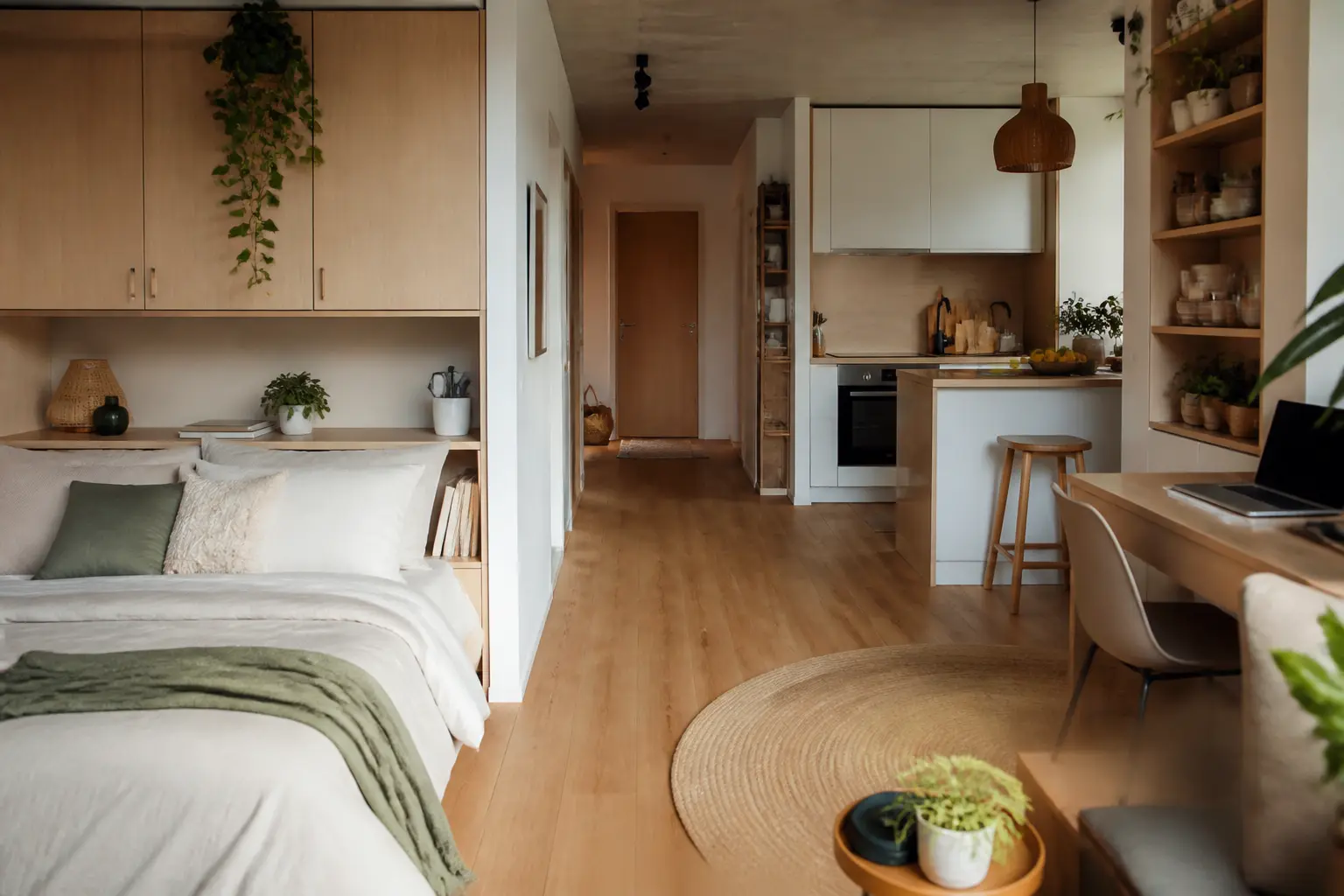 Aménagement studio 20m2 : intérieur lumineux avec coin nuit, kitchenette ouverte, bureau et rangements optimisés.