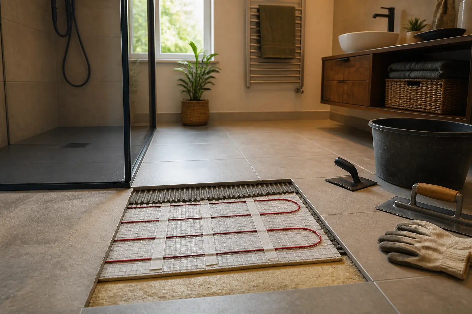 Rénovation de salle de bain avec chauffage sol sdb, mat électrique sous carrelage, douche à l’italienne et radiateur sèche-serviettes