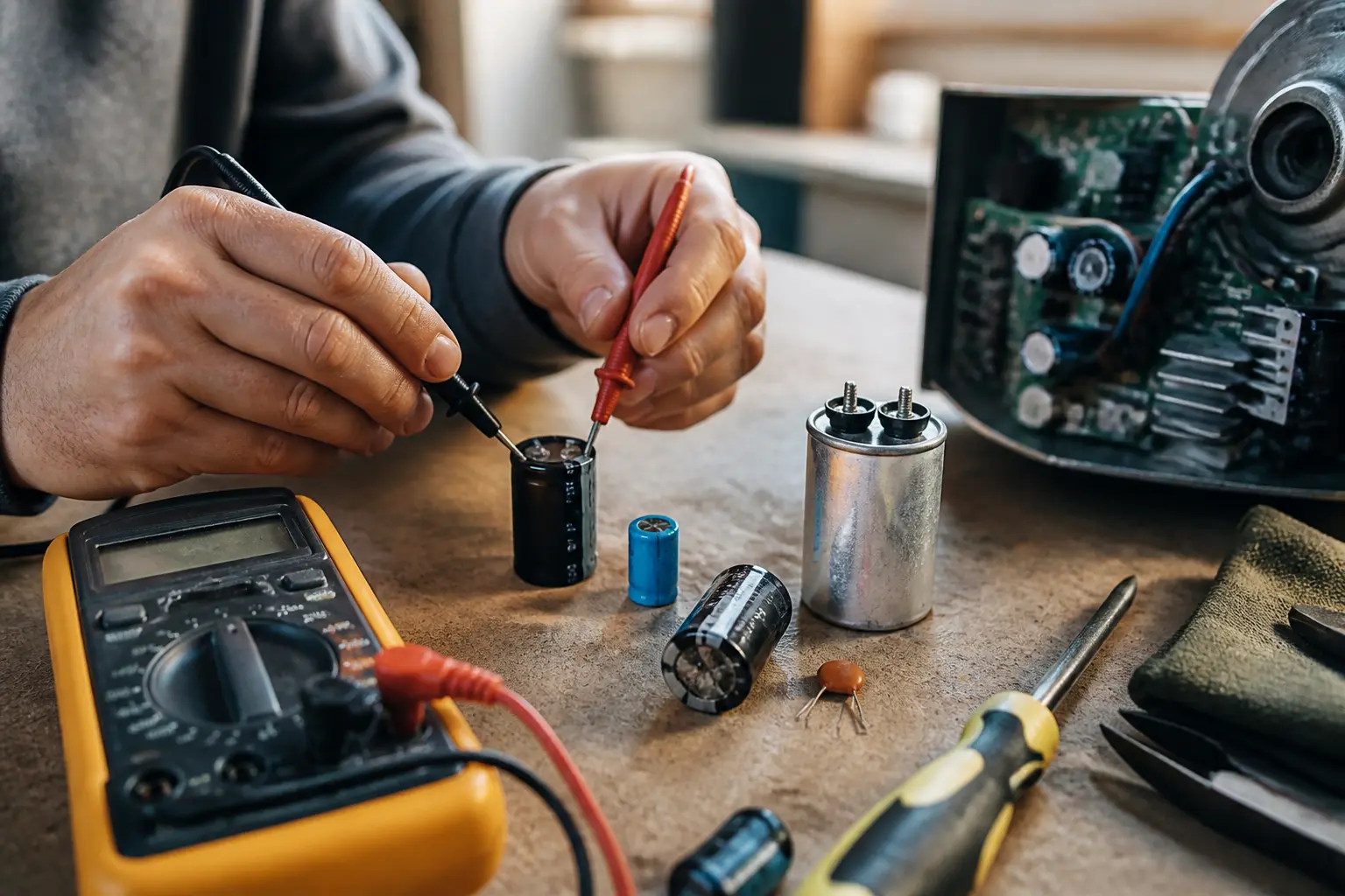 Technicien testant un condensateur avec multimètre sur établi, pour comment tester un condensateur, style atelier pro.
