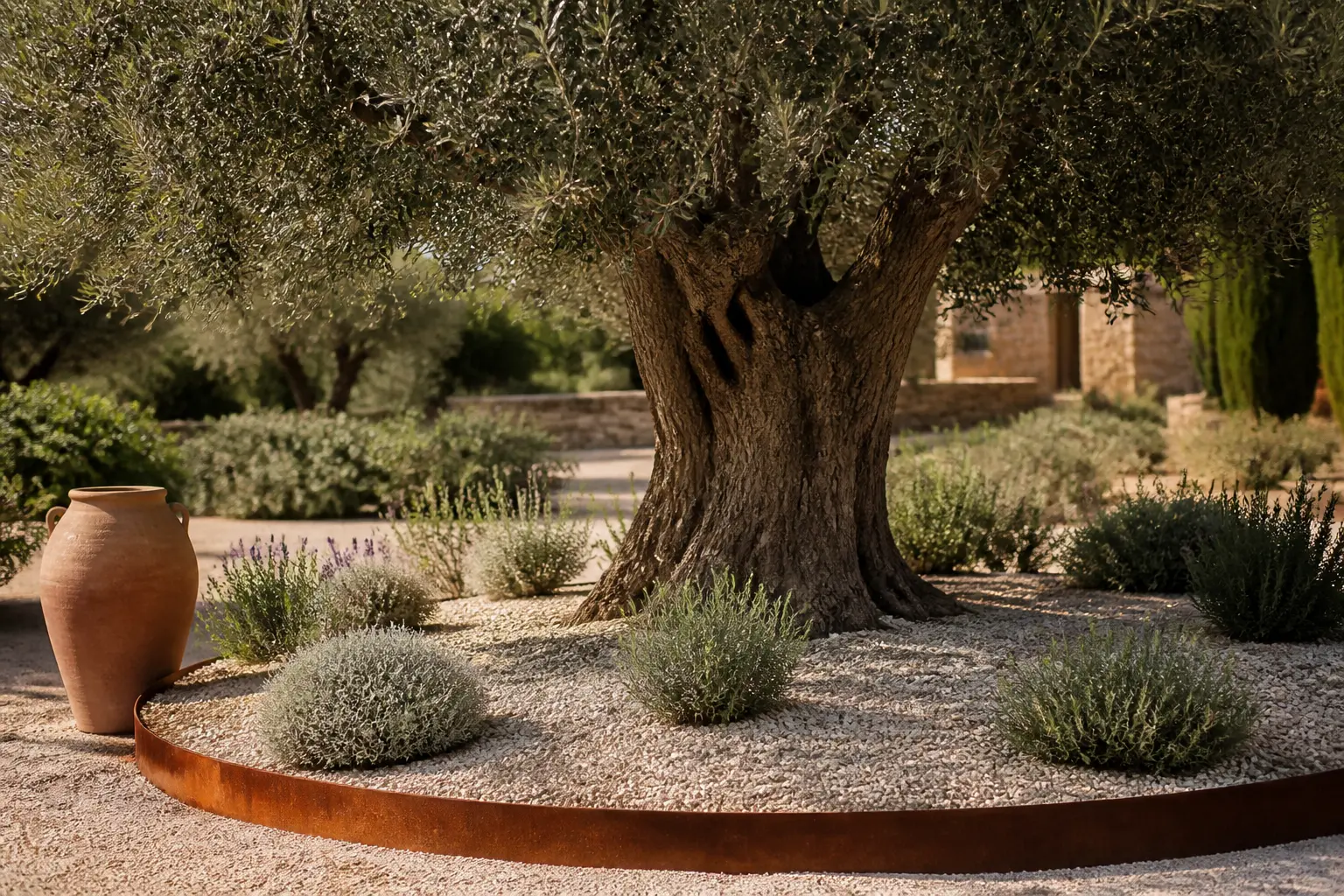 Décoration autour d'un olivier dans un jardin méditerranéen, gravier clair, lavande, romarin et jarre en terre cuite