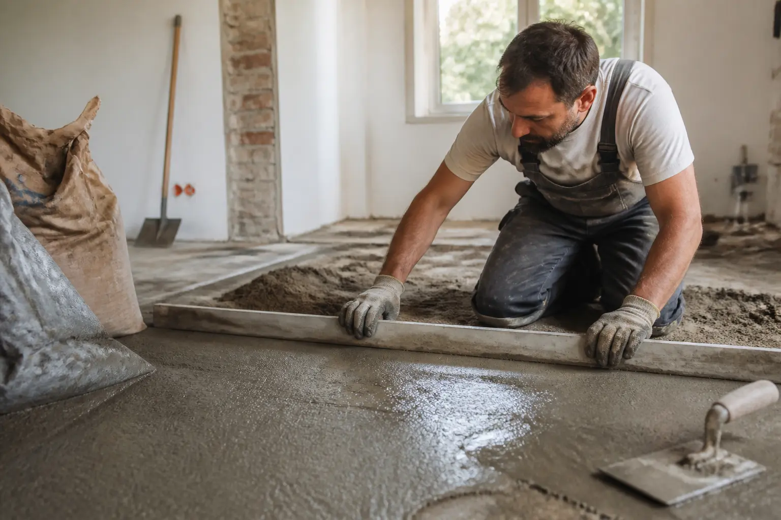 Dosage pour une chape de 5 cm : artisan lissant un mortier frais, outils et sacs de ciment sur chantier intérieur