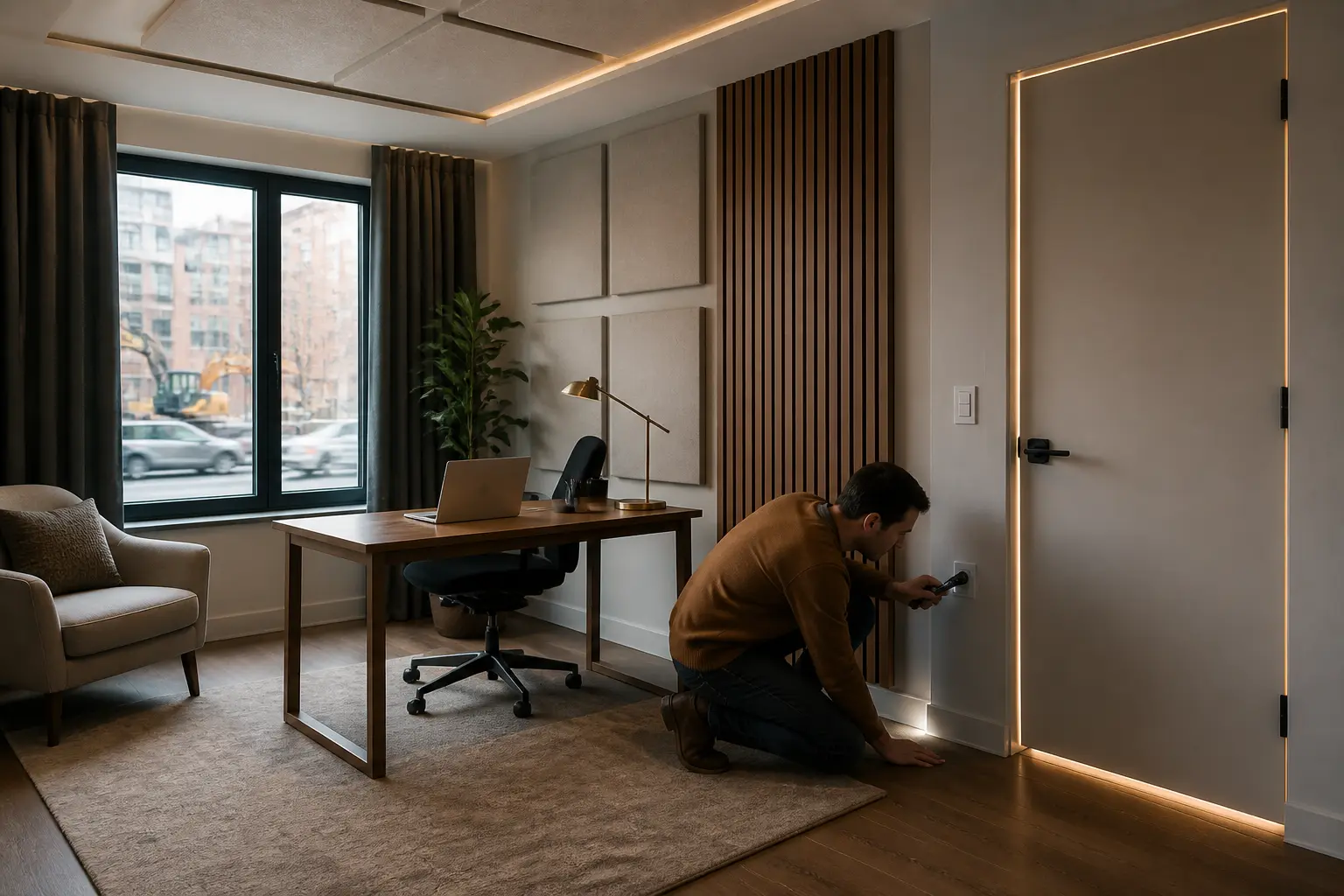 Insonoriser une pièce : intérieur moderne montrant les sources de bruit, avec rideau épais, porte étanche et panneaux acoustiques.
