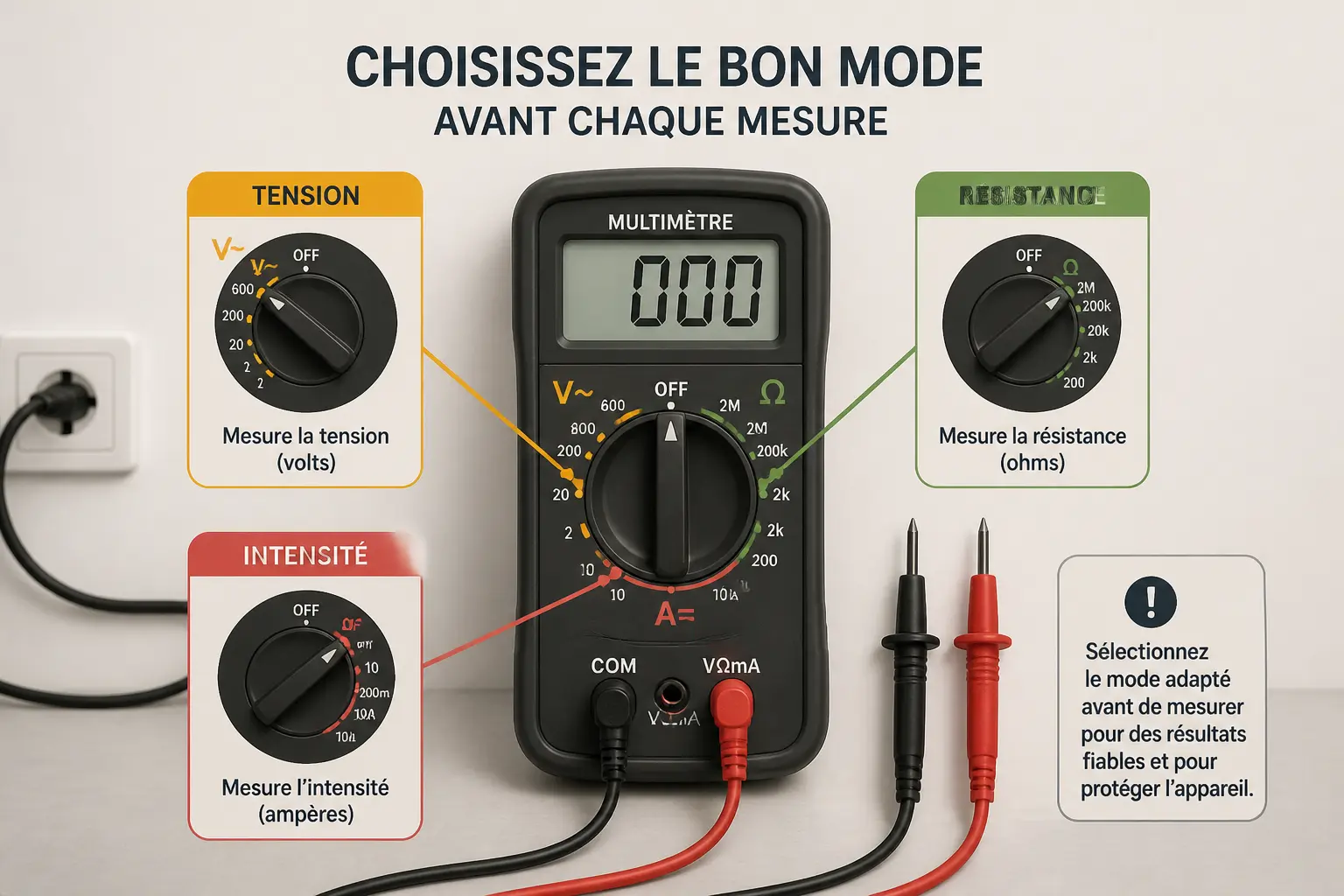 Comment utiliser un multimetre : schéma compact montrant les modes tension, résistance et intensité avec sondes branchées.