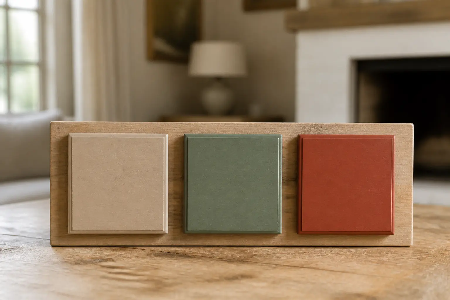 Idée de couleur pour repeindre un meuble en bois : trois échantillons beige, sauge et terracotta.