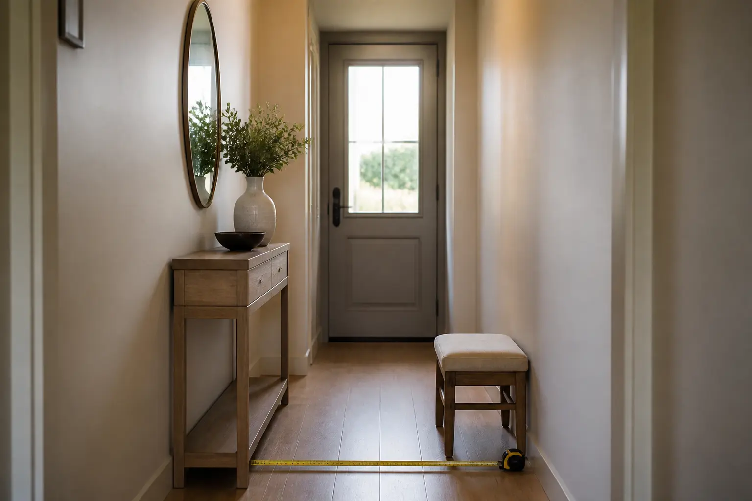Idees decoration couloir : entrée étroite avec console fine, banc, miroir et mètre ruban au sol