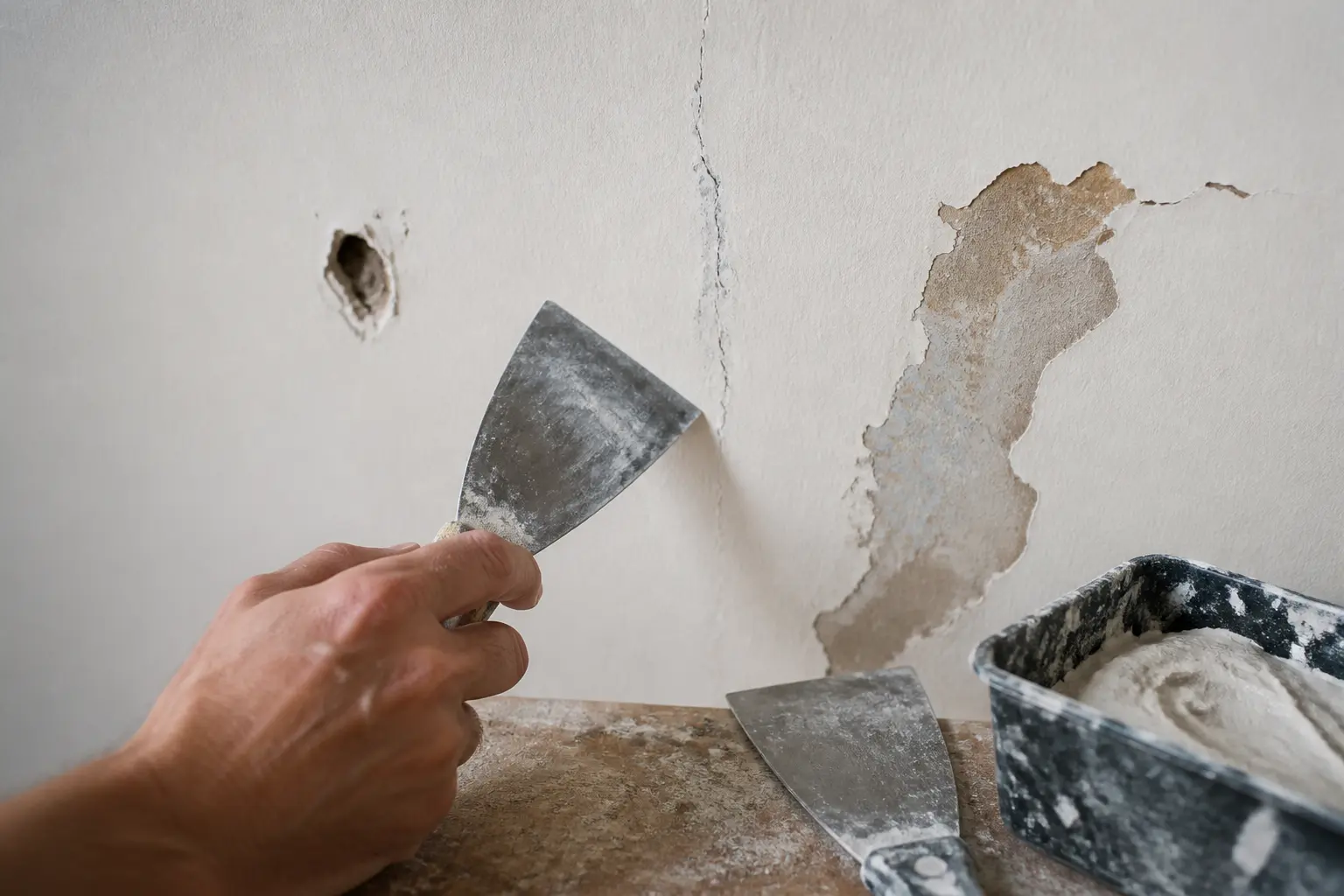 Lisser un enduit : main avec couteau à enduire face à un trou, une fissure et une peinture écaillée