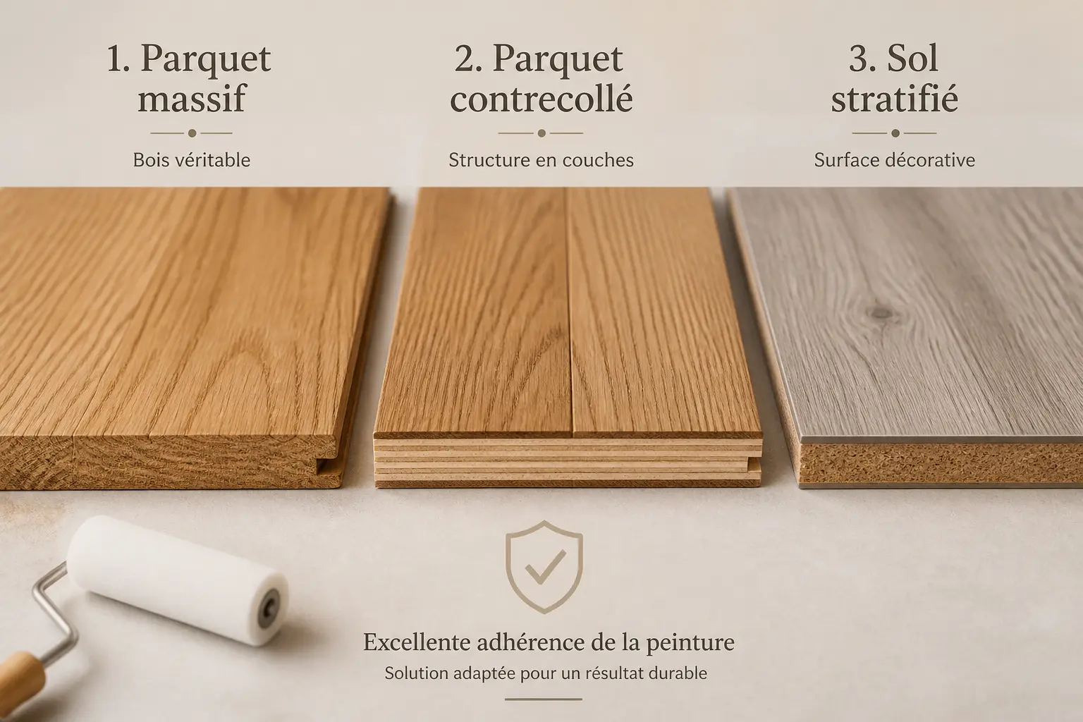 Peinture parquet : comparaison de parquet massif, contrecollé et stratifié avec rouleau et bouclier
