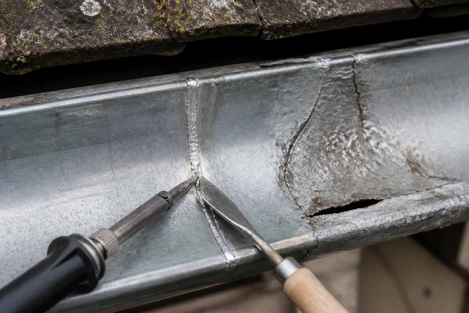 souder zinc gouttiere : joint sain à l’étain sur une gouttière zinc, zone corrodée non réparable à côté