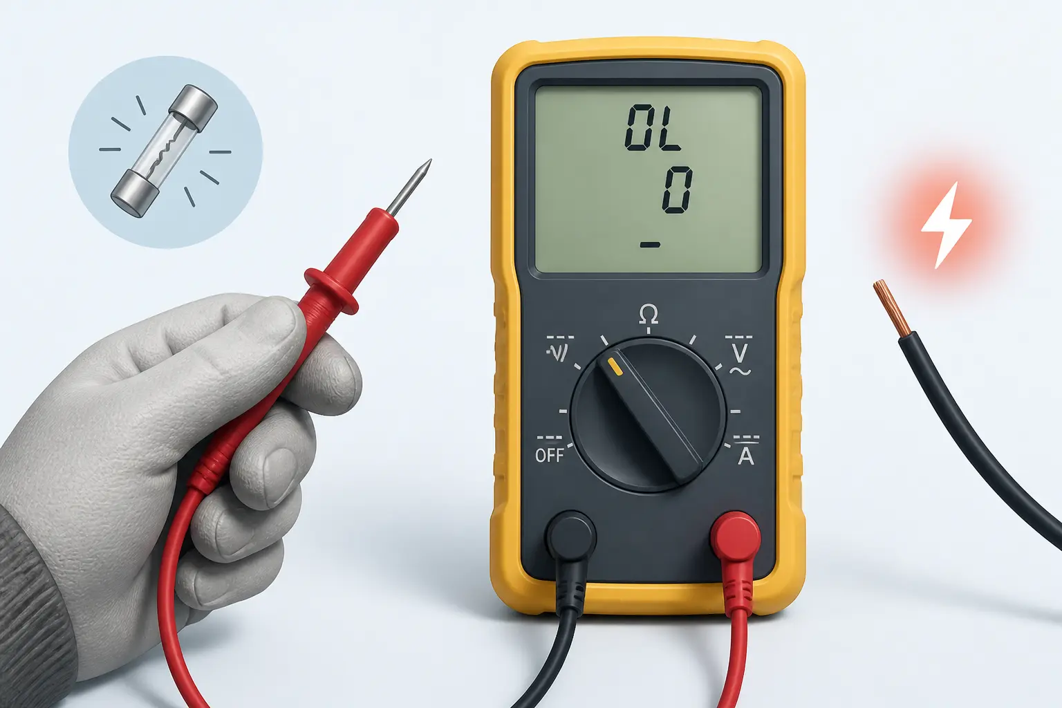 Comment utiliser un multimetre : gant, sonde éloignée du fil sous tension, mode réglé et écran OL/0/-