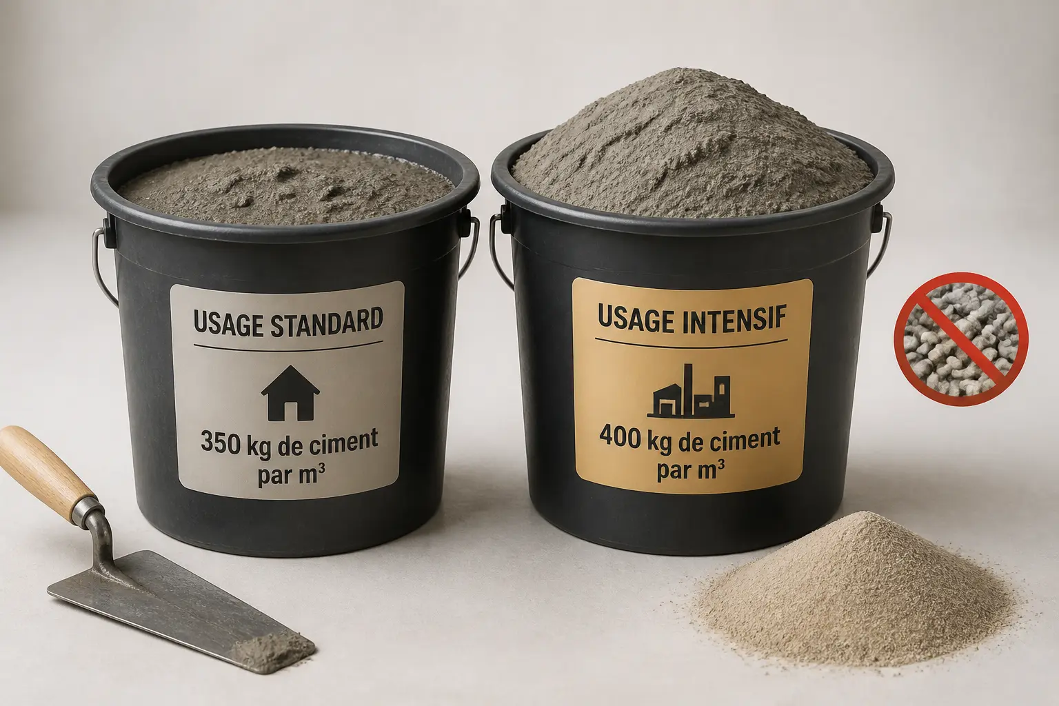 Dosage pour une chape de 5 cm : deux seaux de mortier, 350 et 400 kg de ciment/m³, avec sable 0/4 et truelle.