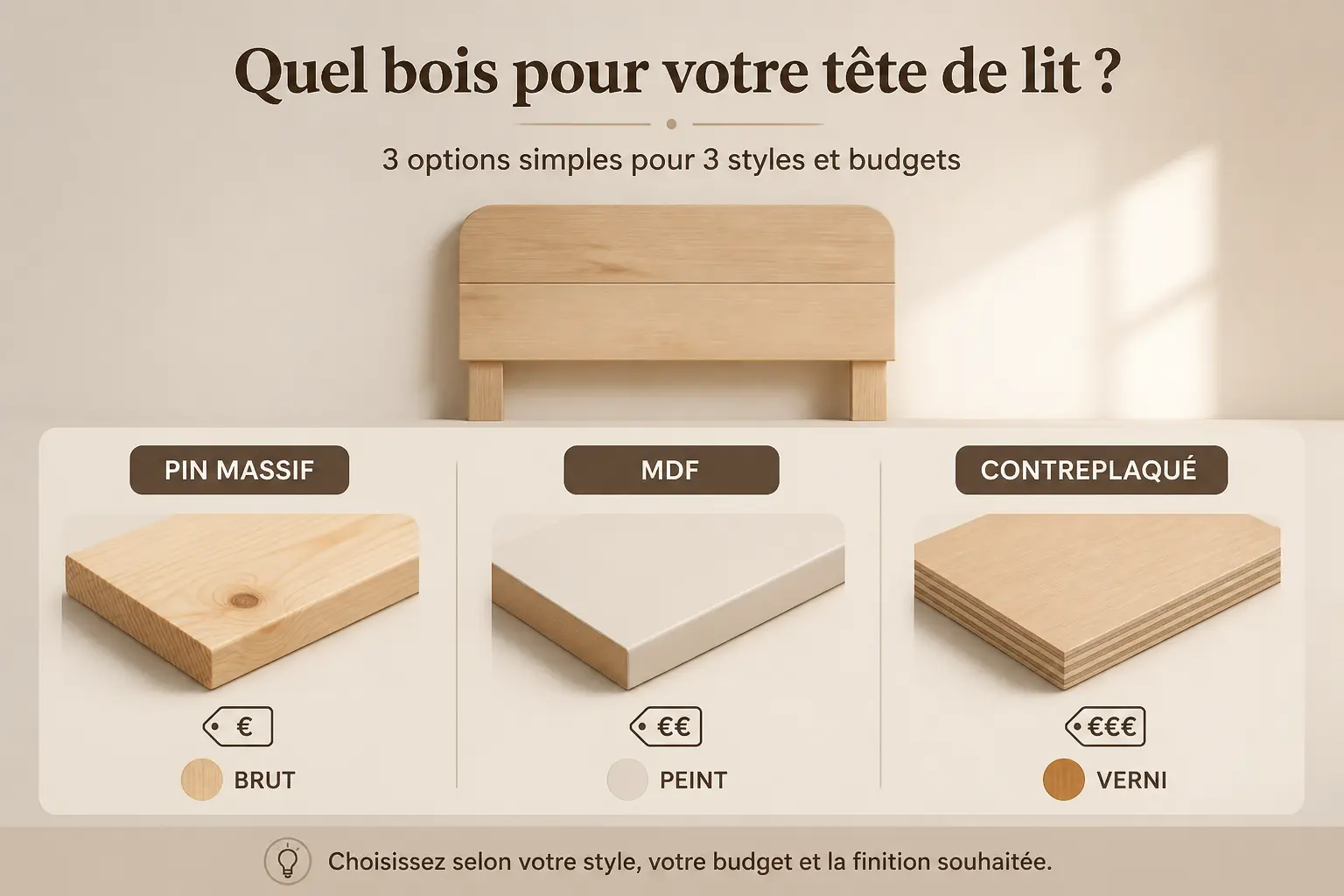 Fabriquer tete de lit bois : comparaison du pin, MDF et contreplaqué pour choisir selon budget et finition.