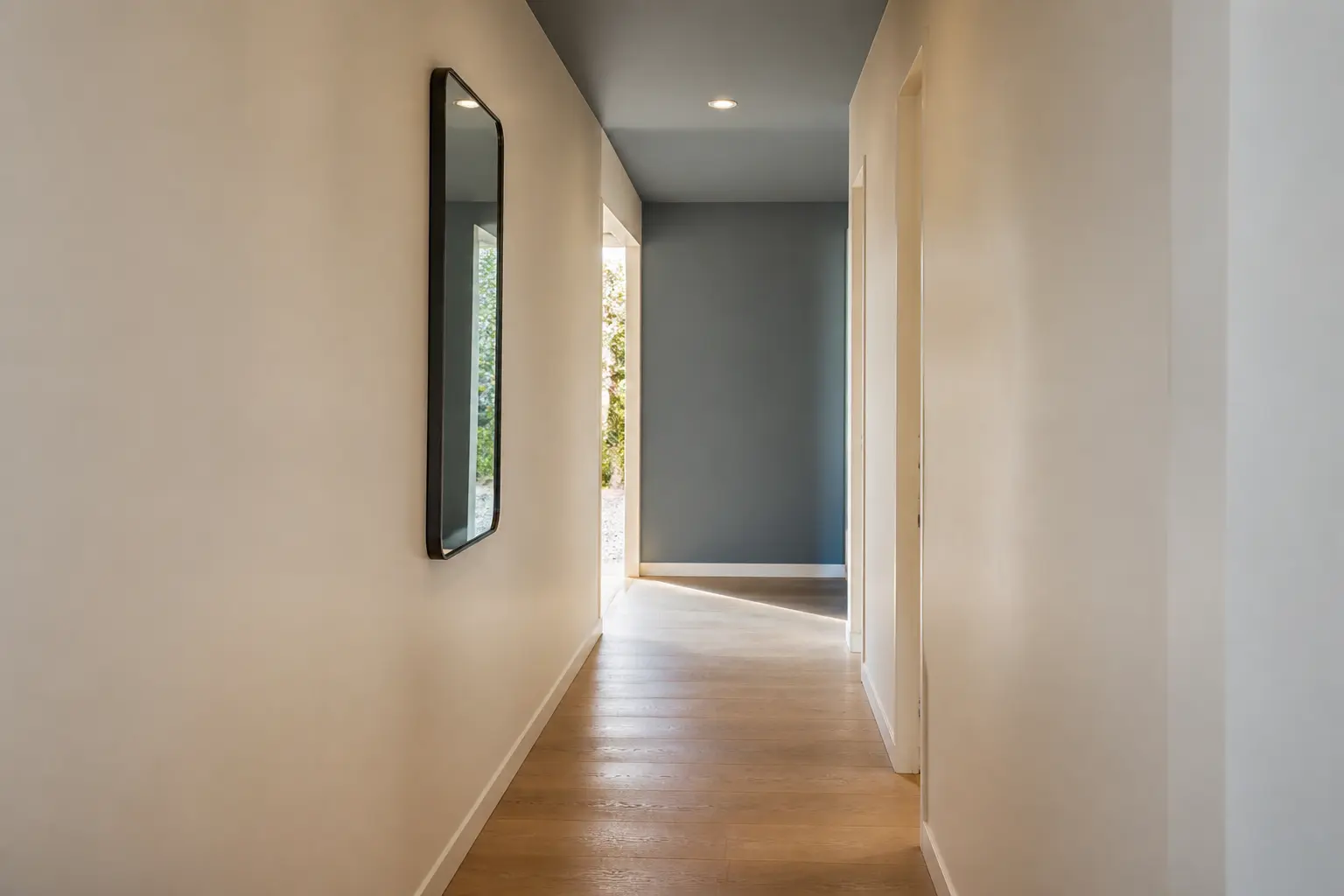 Couloir étroit aux idees decoration couloir : murs beige et bleu-gris, plafond plus sombre, miroir lumineux.