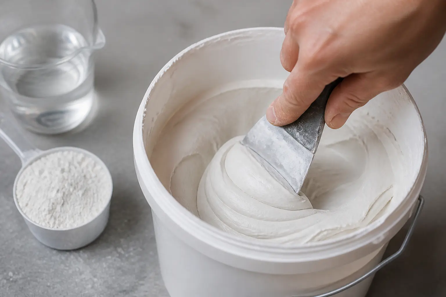 Lisser un enduit dans un seau avec une spatule, texture crémeuse idéale, poudre et eau à côté