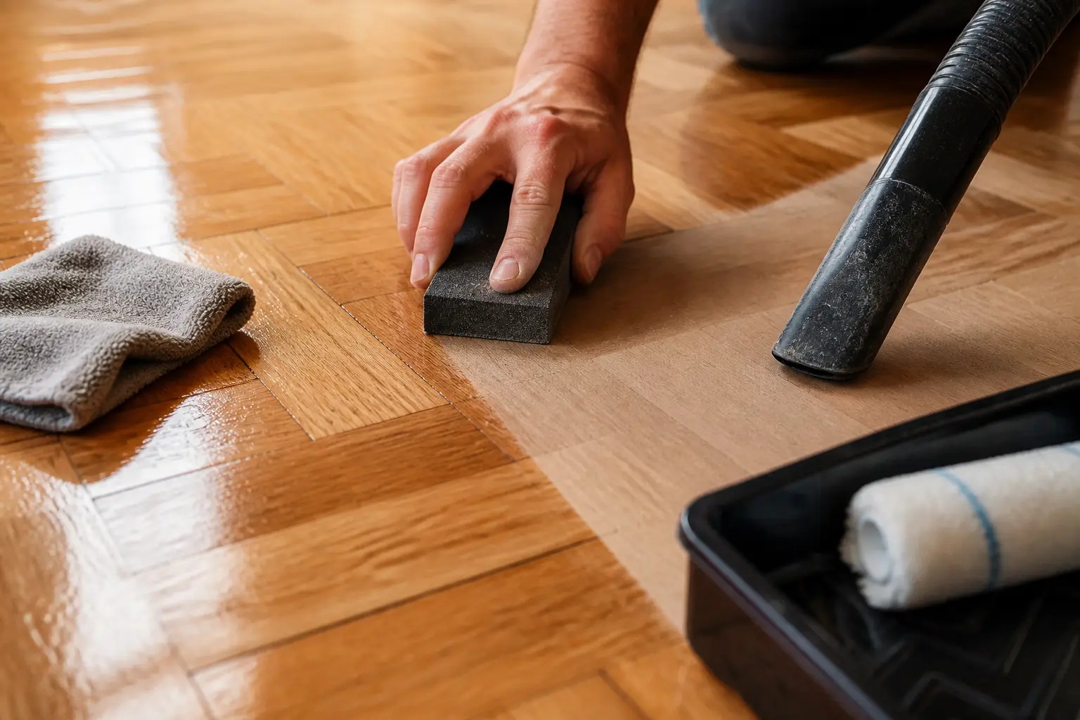 Préparation d’un parquet avant peinture parquet : ponçage léger, dépoussiérage et test de surface.