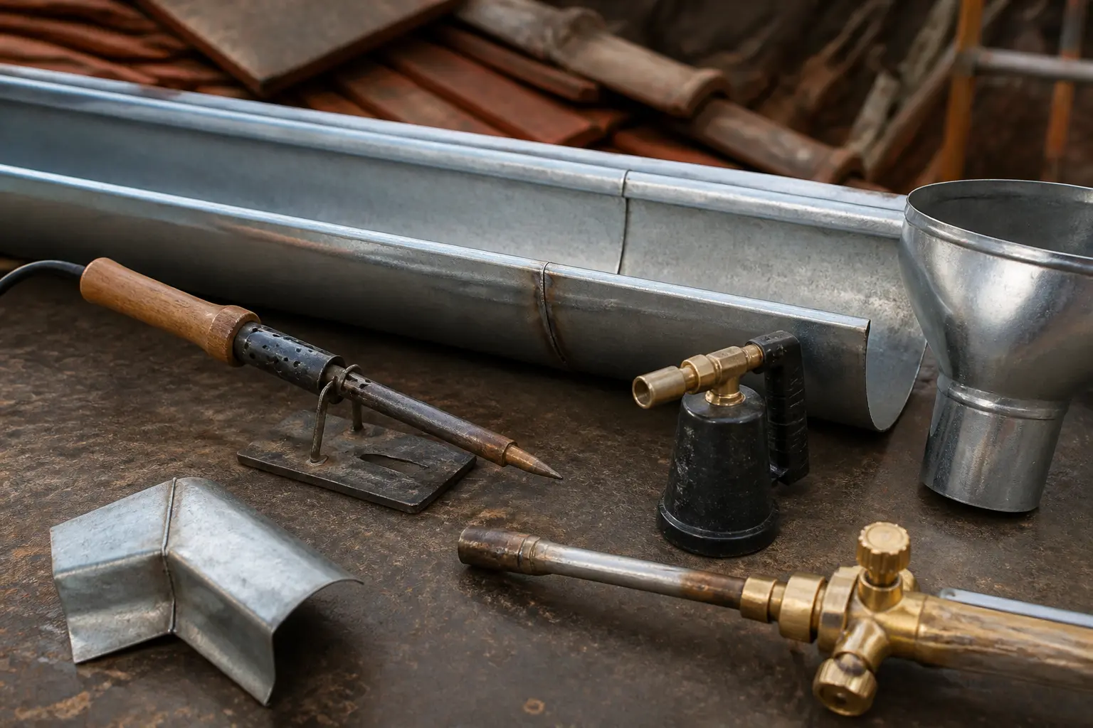 Souder zinc gouttiere : trois outils de réparation près d’une gouttière en zinc et de pièces à reprendre