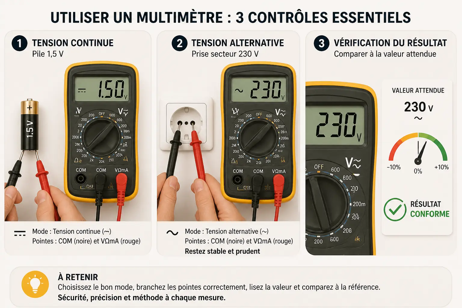 Comment utiliser un multimetre pour mesurer une batterie 1,5 V, une prise 230 V et vérifier une tension