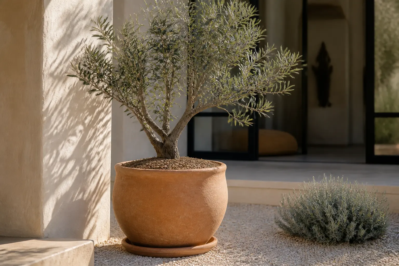Décoration autour d'un olivier sur une terrasse minimaliste : pot en terre cuite, gravier clair et plante méditerranéenne.