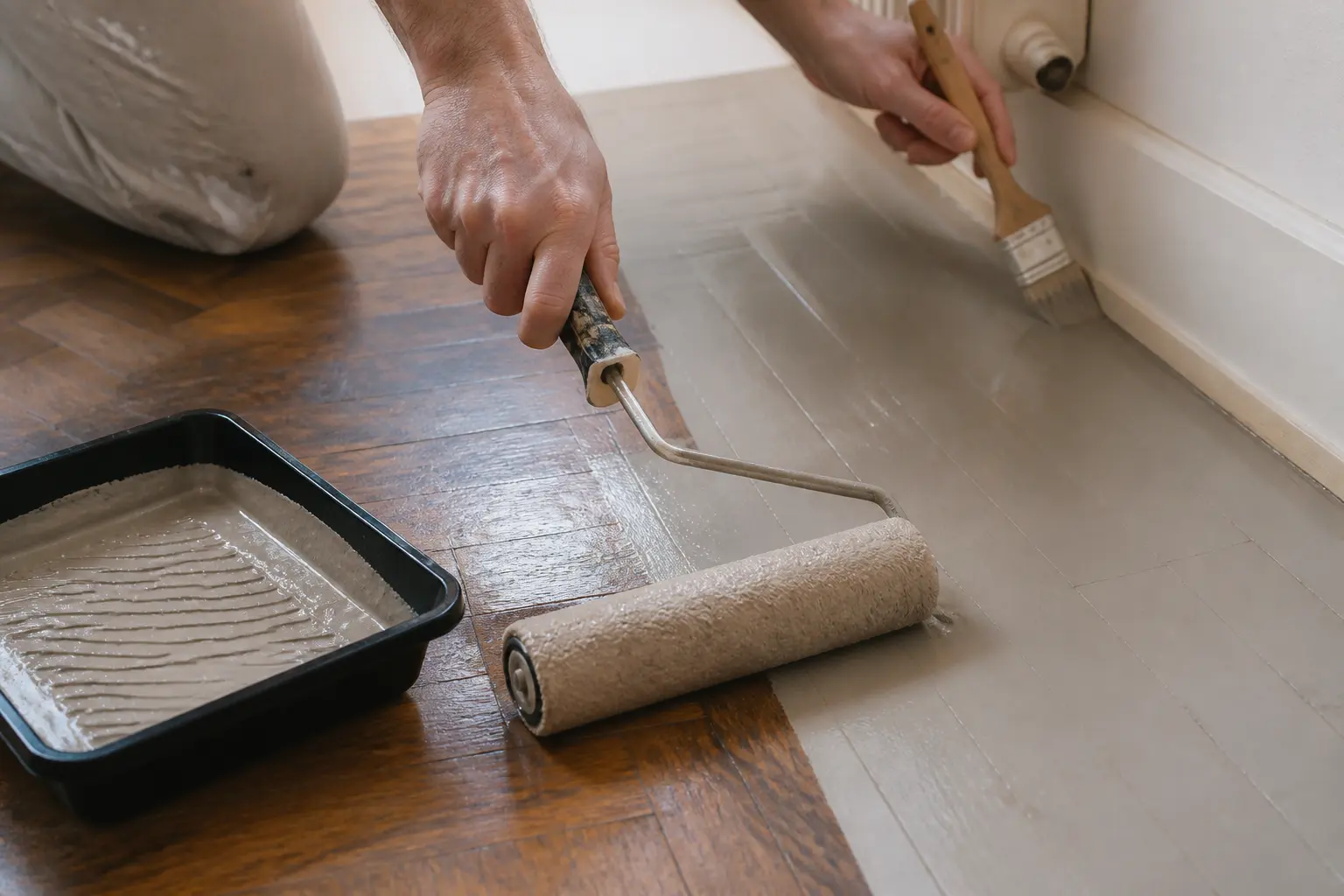 Peinture parquet : rouleau, pinceau et bac appliquent une finition sur un vieux parquet en bois