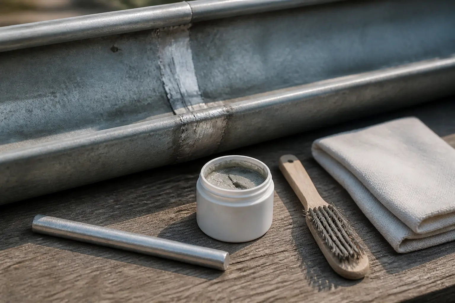 Kit pour souder zinc gouttiere : étain, flux, brosse métallique et chiffon près d’une gouttière préparée.