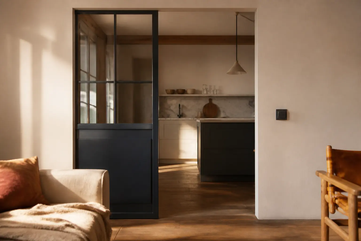 Cuisine ouverte partiellement fermée par une verrière, salon attenant, pour fermer une cuisine ouverte avec lumière chaude naturelle