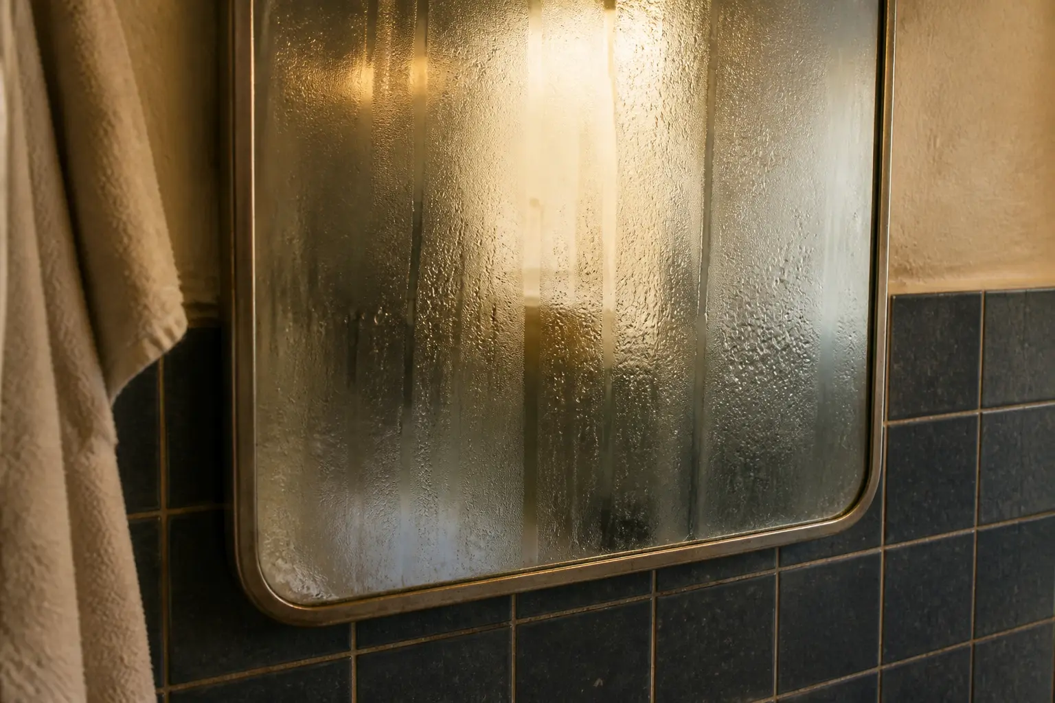 Miroir embué et carrelage humide après la douche, illustrant l’humidité salle de bain dans une lumière douce.