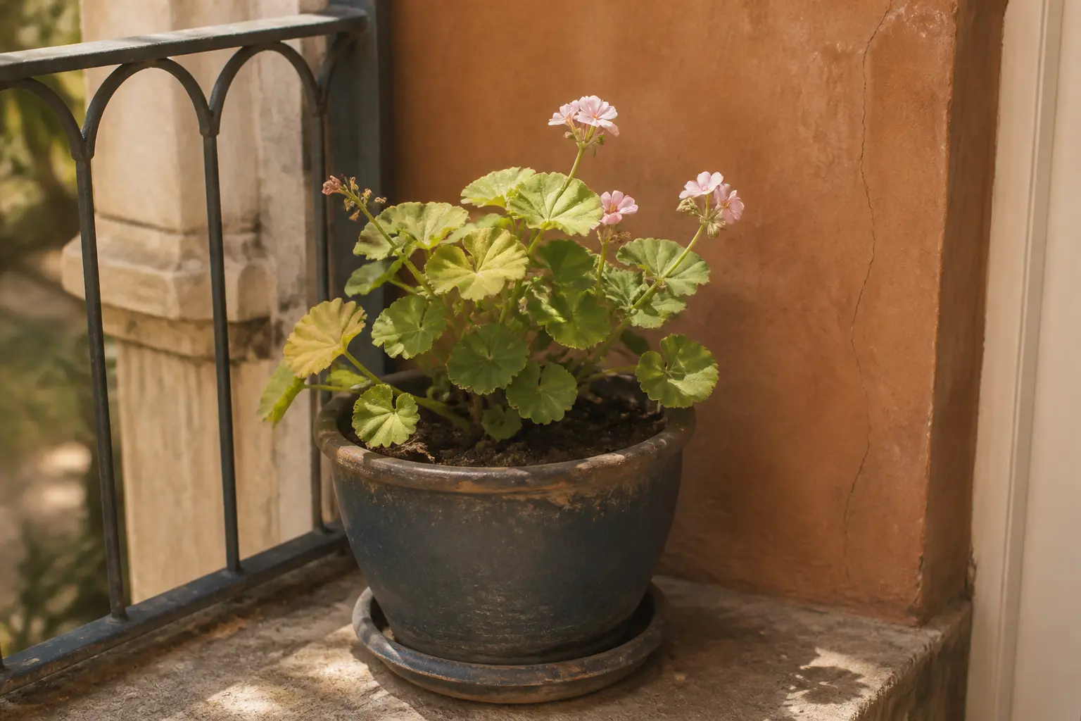 Recette de grand-mère pour avoir de beaux géraniums : géranium en pot sur balcon ensoleillé, feuilles pâles et fleurs clairsemées