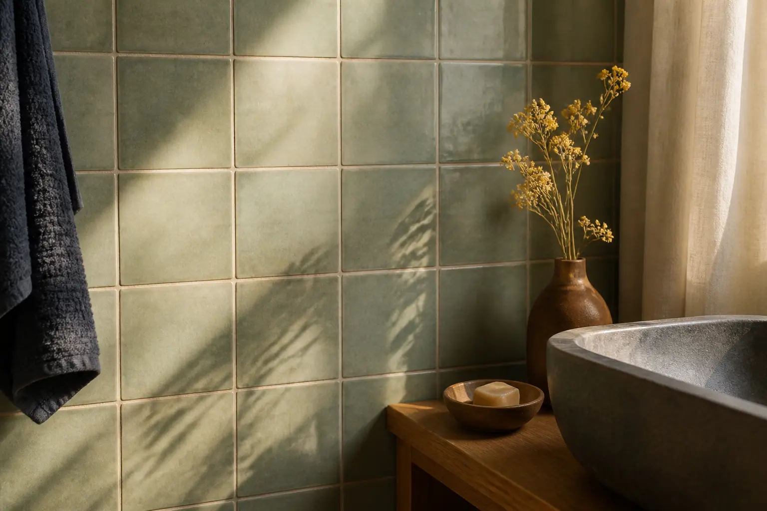 Salle de bain vert sauge avec carrelage mural, lumière naturelle douce et ambiance chaleureuse dans une petite pièce