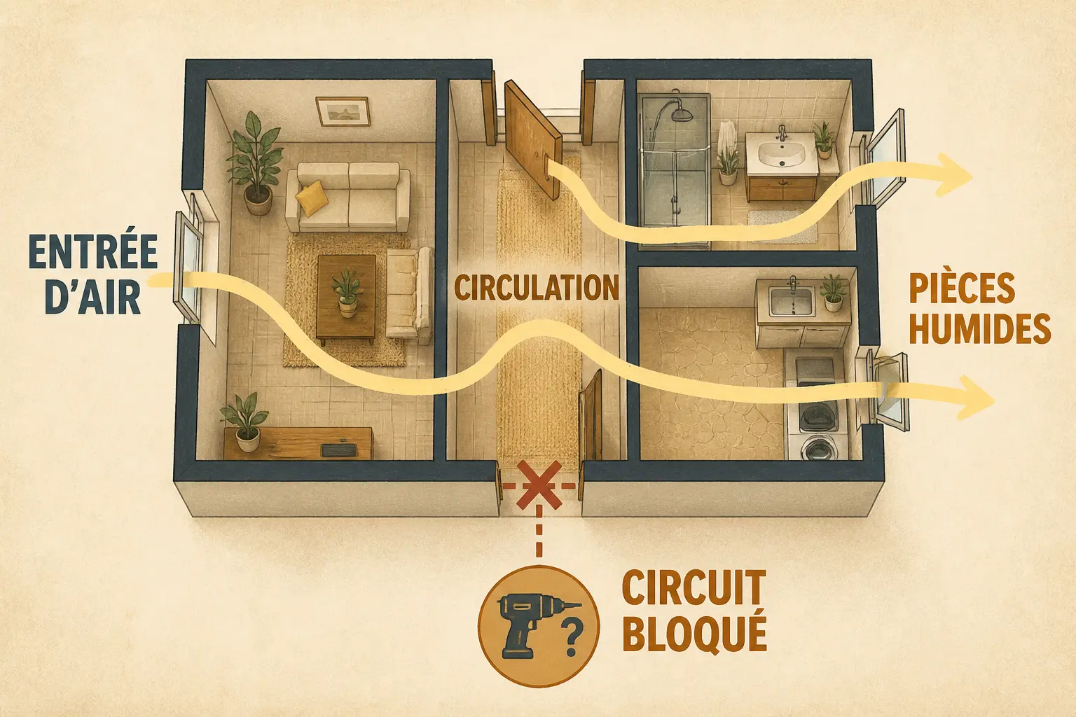 Schéma d’aeration fenetre pvc montrant le parcours de l’air dans la maison, avec circuit bloqué avant perçage.
