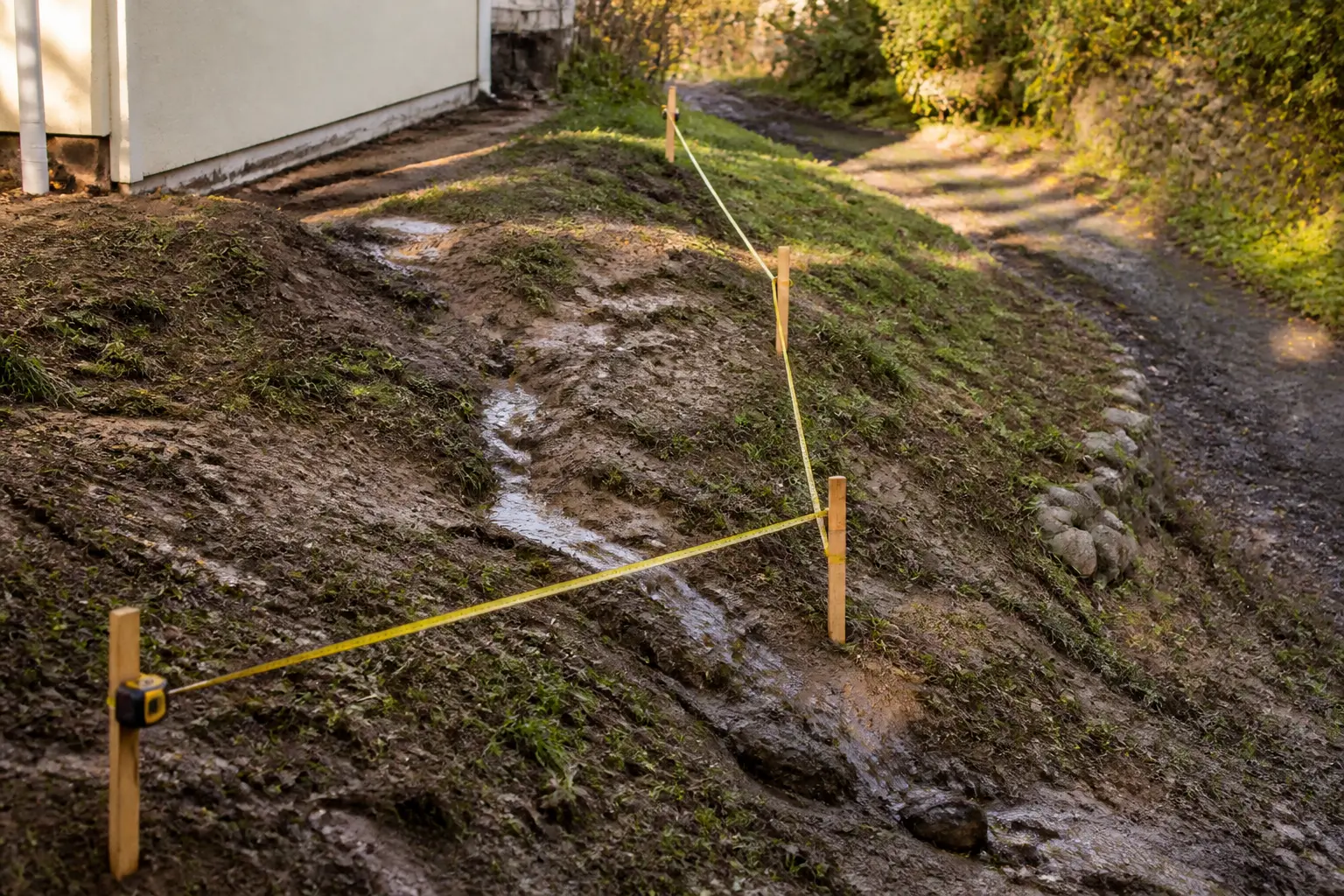 Aménagement d'un terrain en pente : jardin en pente après pluie, piquets de mesure, ruissellement et érosion visibles.