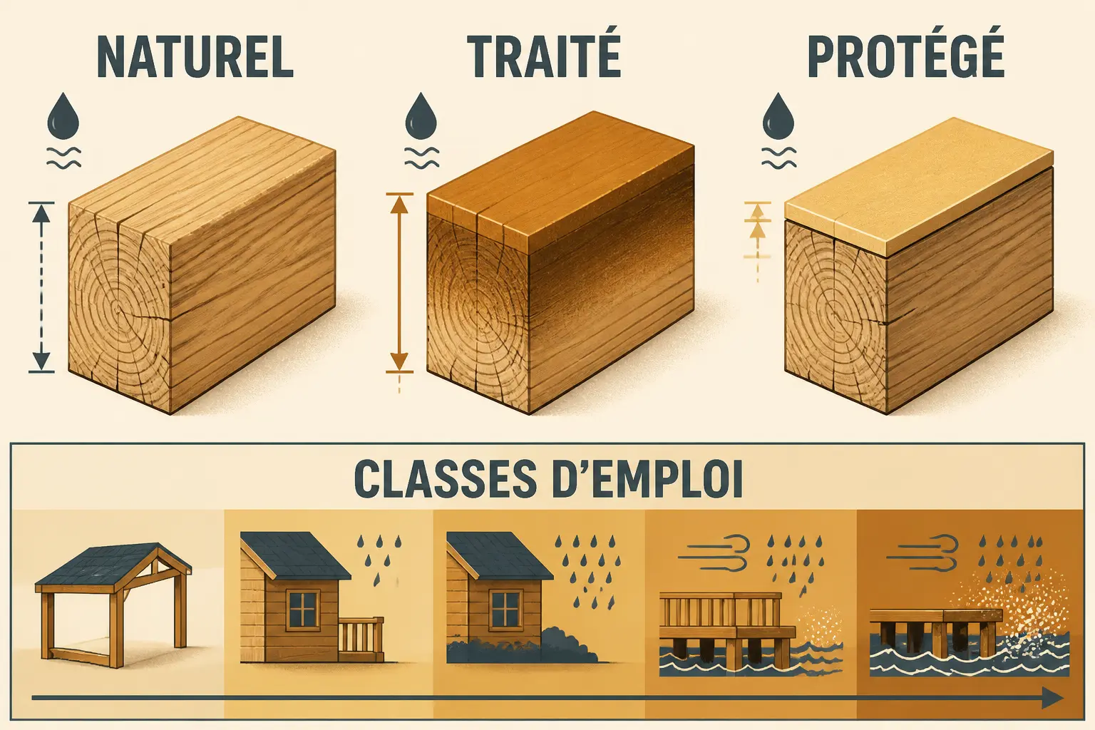 Infographie sur le bois imputrescible : trois blocs comparant naturel, traité et protégé, avec classes d’emploi et humidité.