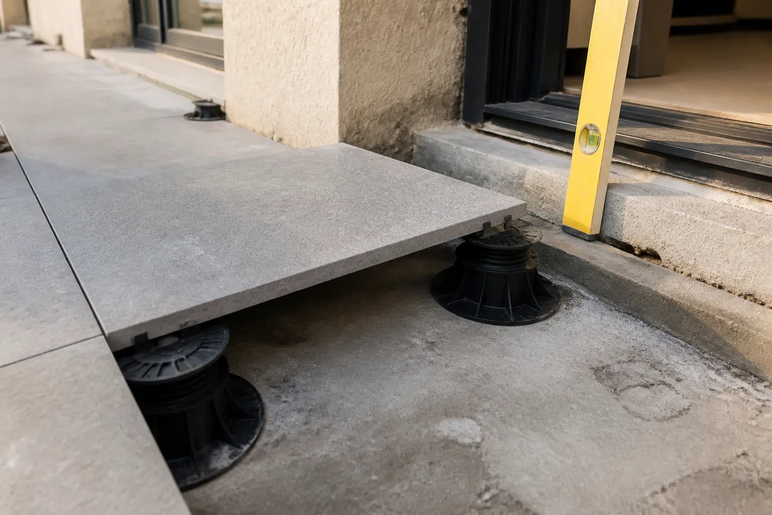 Carreler sur plot : dalle 20 mm soulevée, plots réglables, base béton et seuil de porte à vérifier avant achat