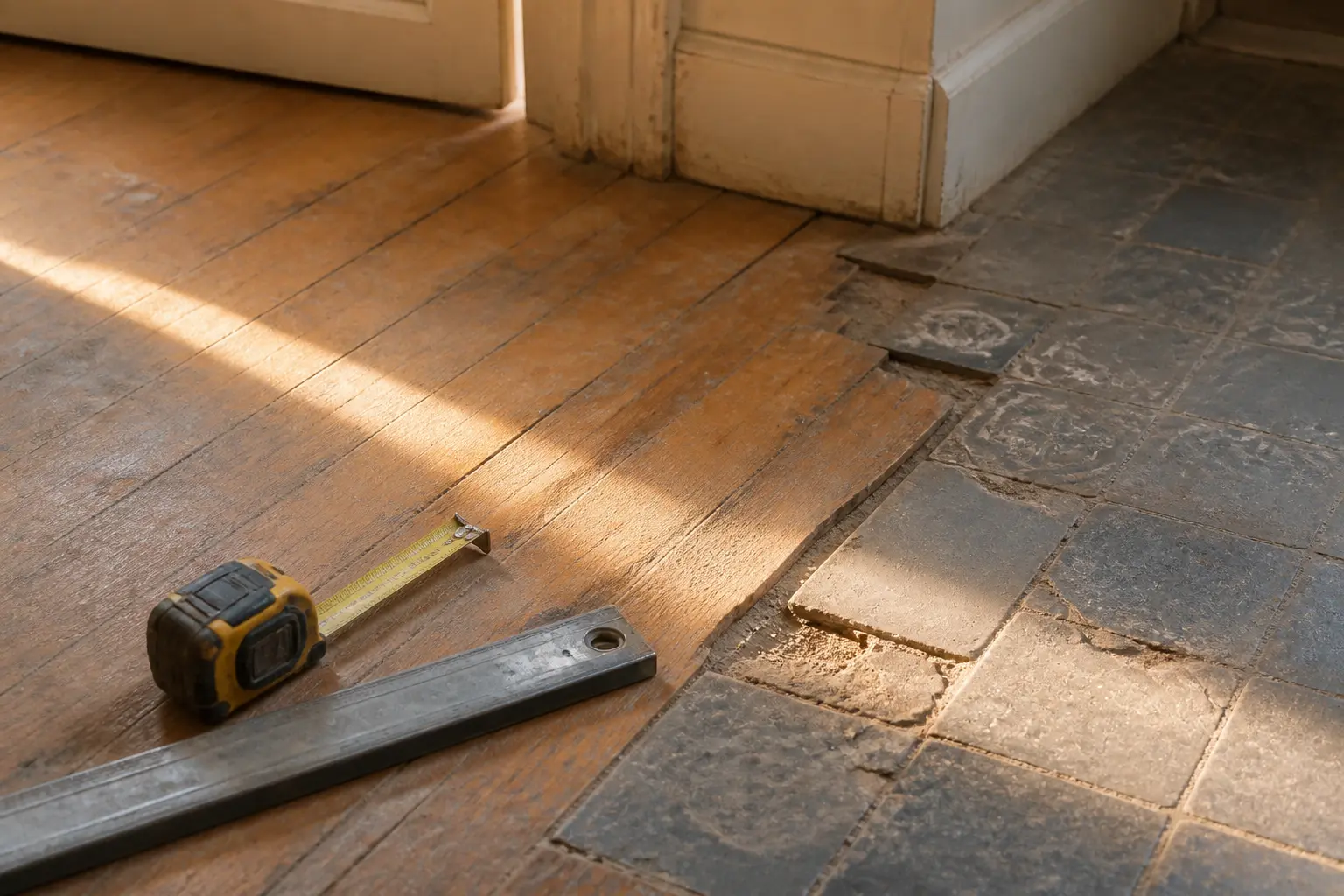 Comment poser du lino : sol ancien à diagnostiquer, joint carrelage-bois fissuré, mètre et règle en inspection