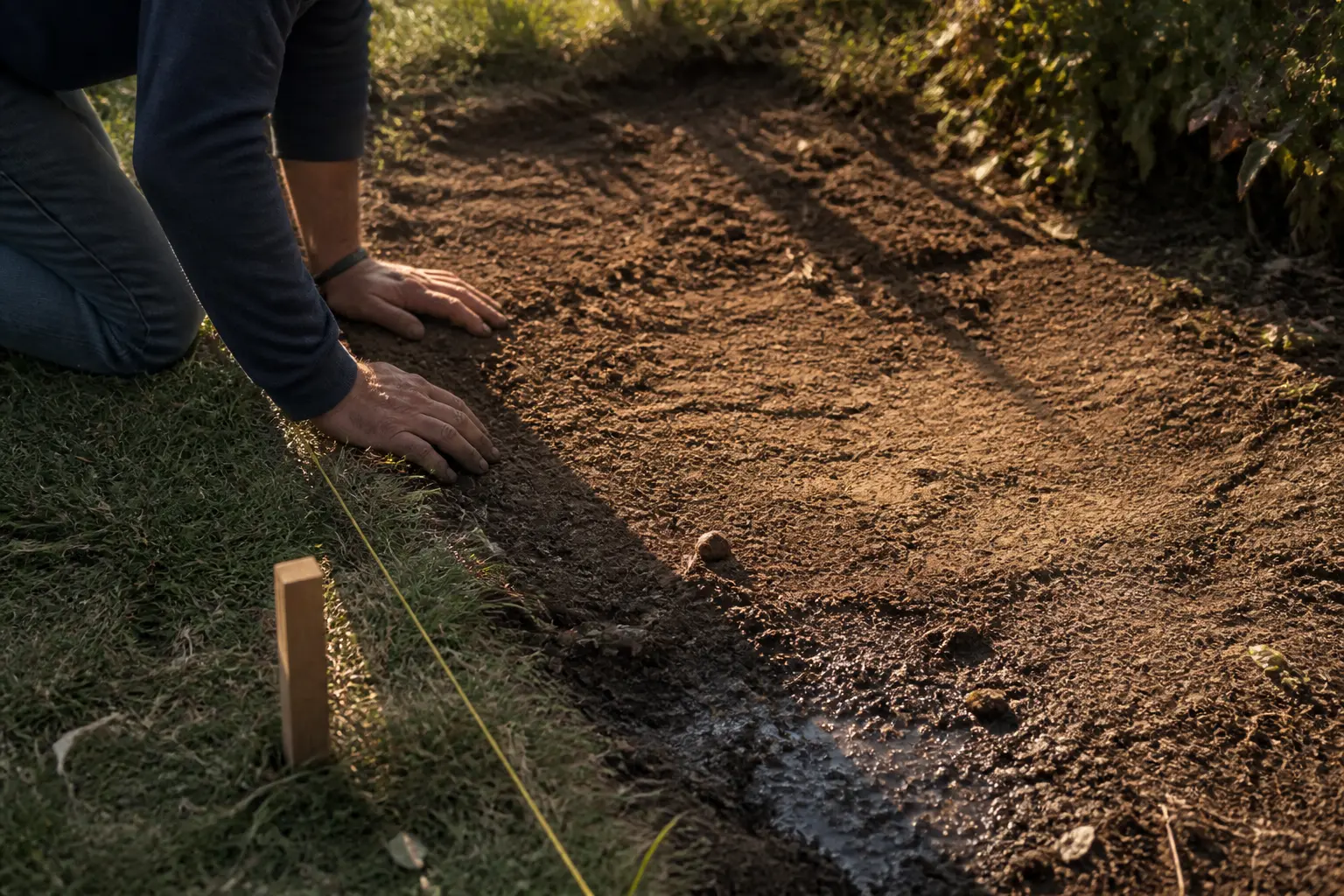 Créer un massif sans entretien : jardinier observant sol sec, zone humide et lumière avant plantation