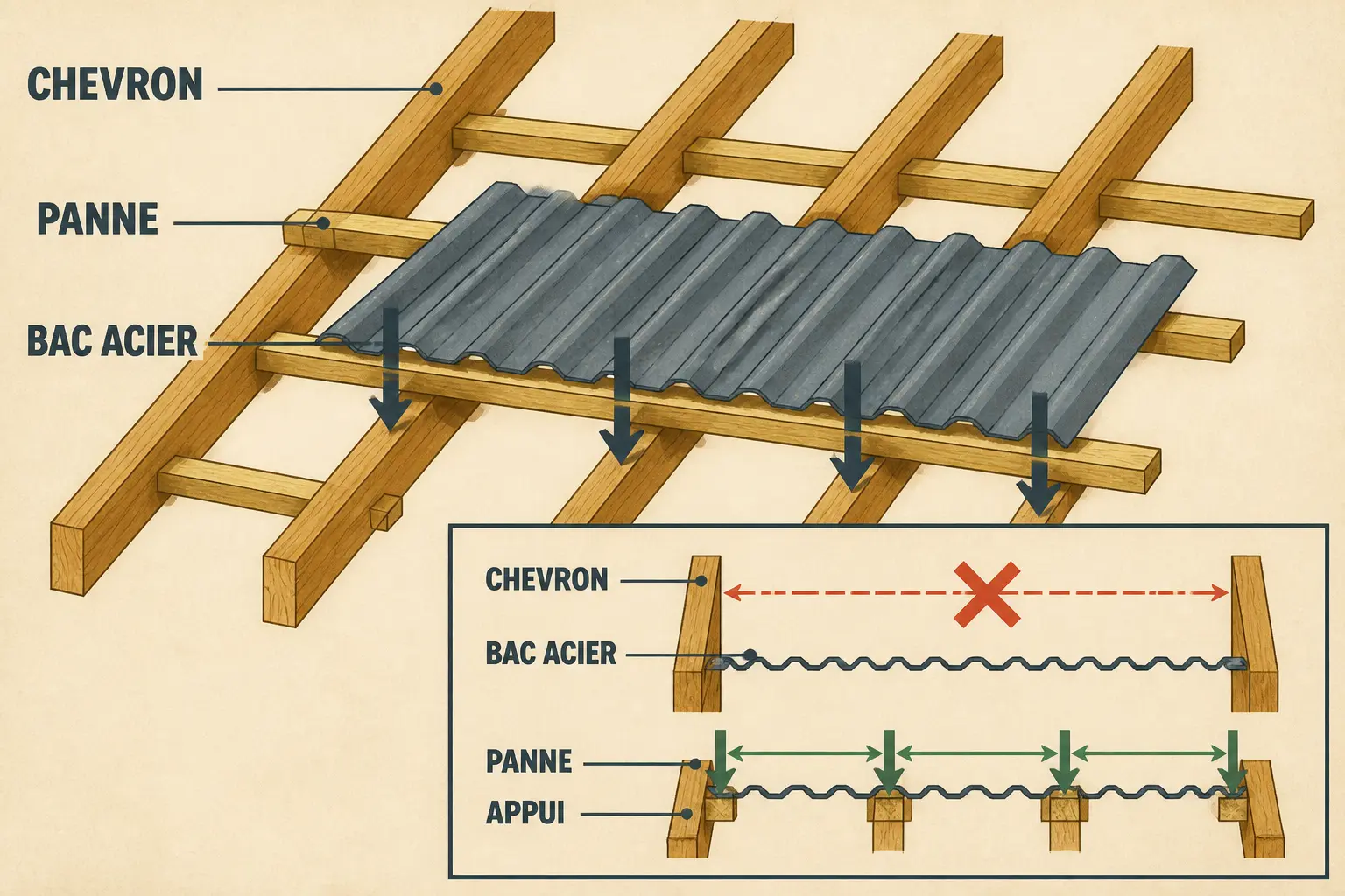 Schéma technique de l’espacement chevron bac acier montrant chevrons, pannes et bac acier avec appuis corrects et flèches de charge