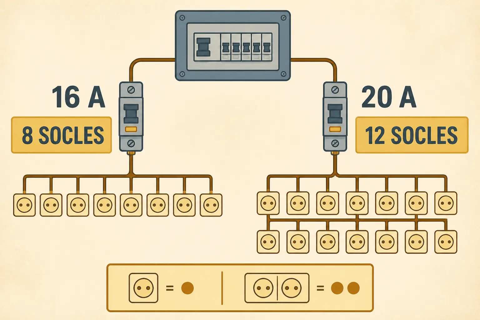 Infographie sur le nombre de prise par disjoncteur : 16 A pour 8 socles, 20 A pour 12 socles, avec prise simple et double.