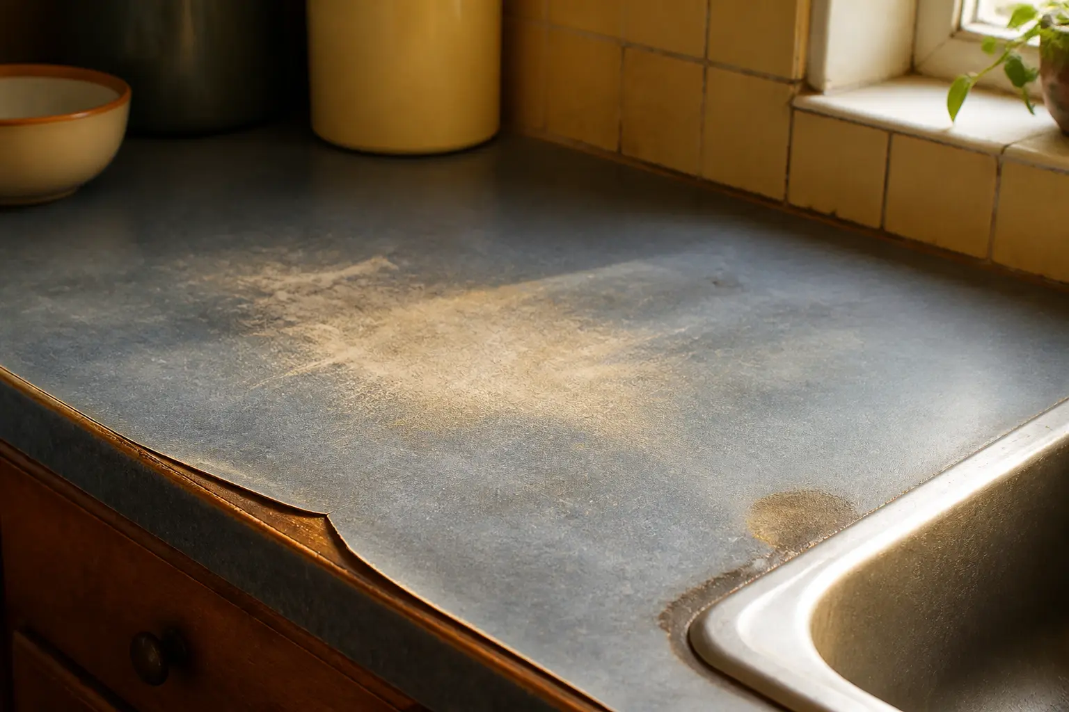 Plan de travail usé en cuisine, à vérifier avant de peindre un plan de travail : bord décollé, rayures, tache d’eau.