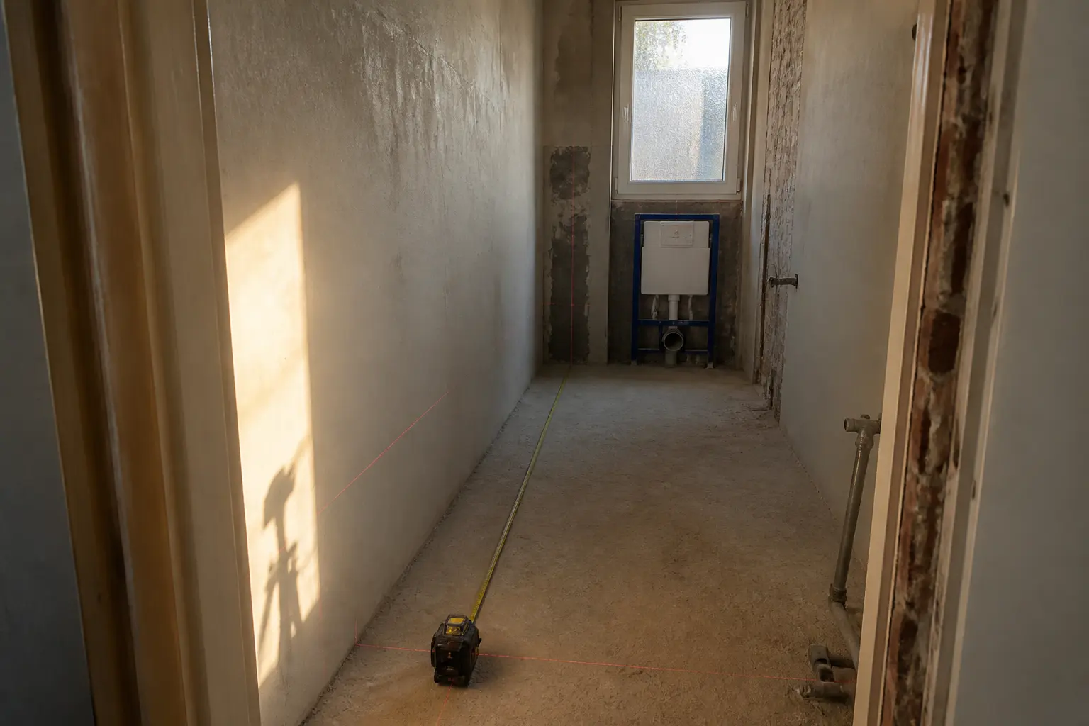 Plan salle de bain en longueur : salle de bain étroite en rénovation, mètre ruban, niveau laser et repères de mesure.