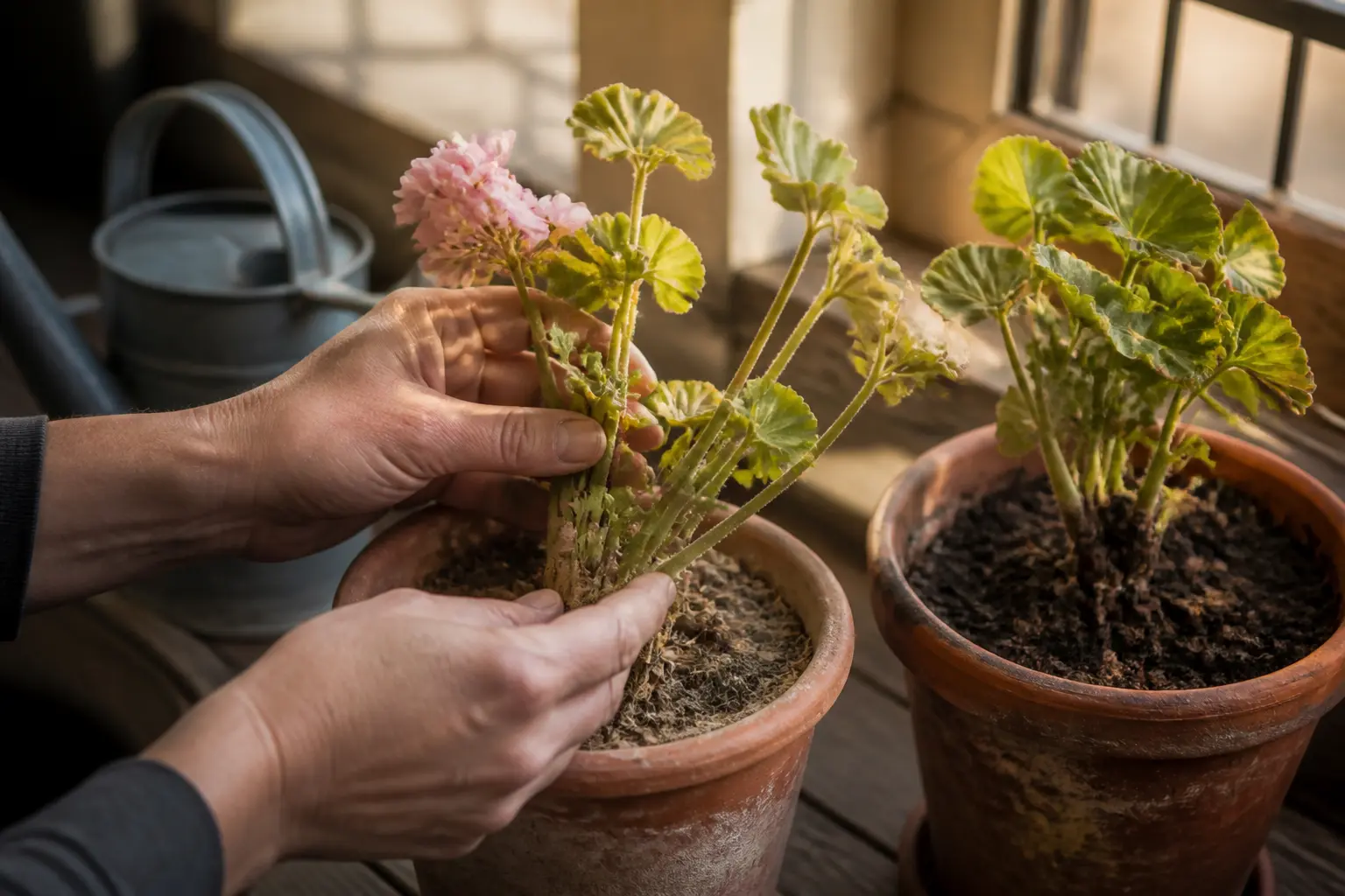 Recette de grand-mère pour avoir de beaux géraniums : mains inspectant feuilles pâles, terre sèche et pot en terre cuite sur balcon.