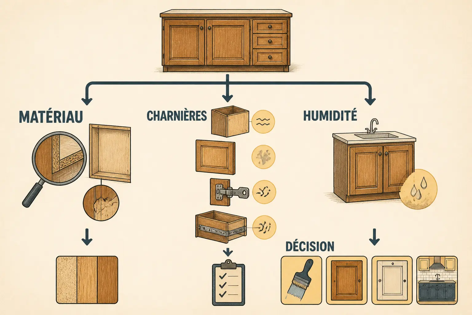 Schéma de diagnostic pour rénover une cuisine en bois : matériau, charnières, humidité et décision finale.