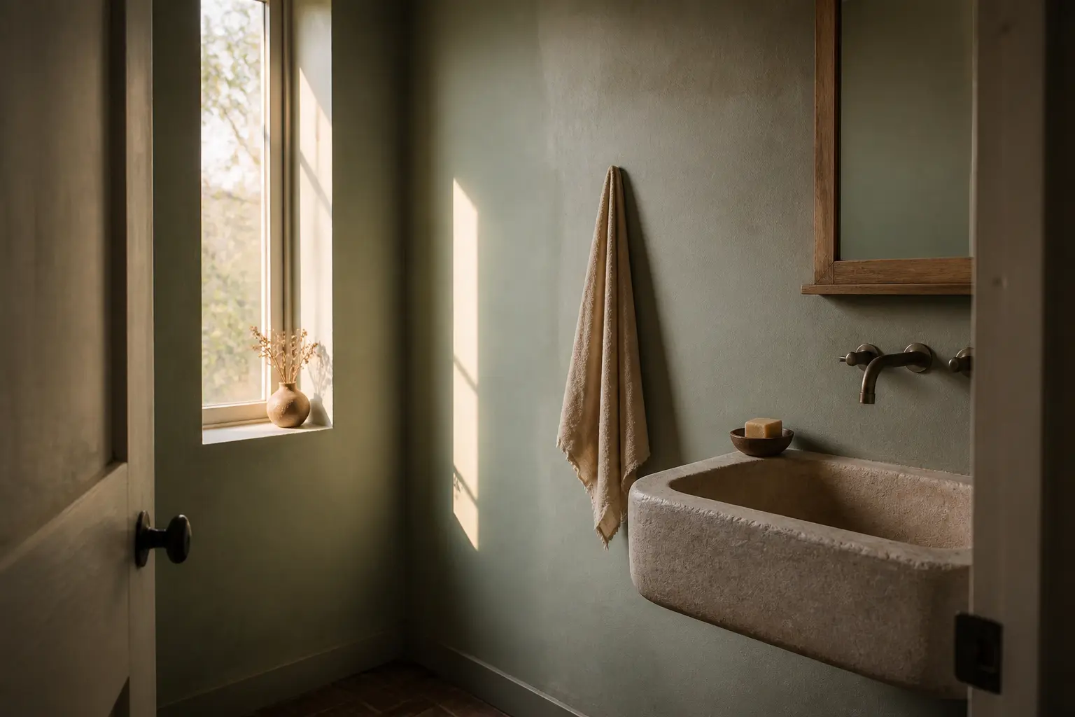Salle de bain vert sauge avec murs mats, lavabo en pierre claire et lumière douce du soir, ambiance naturelle et apaisante