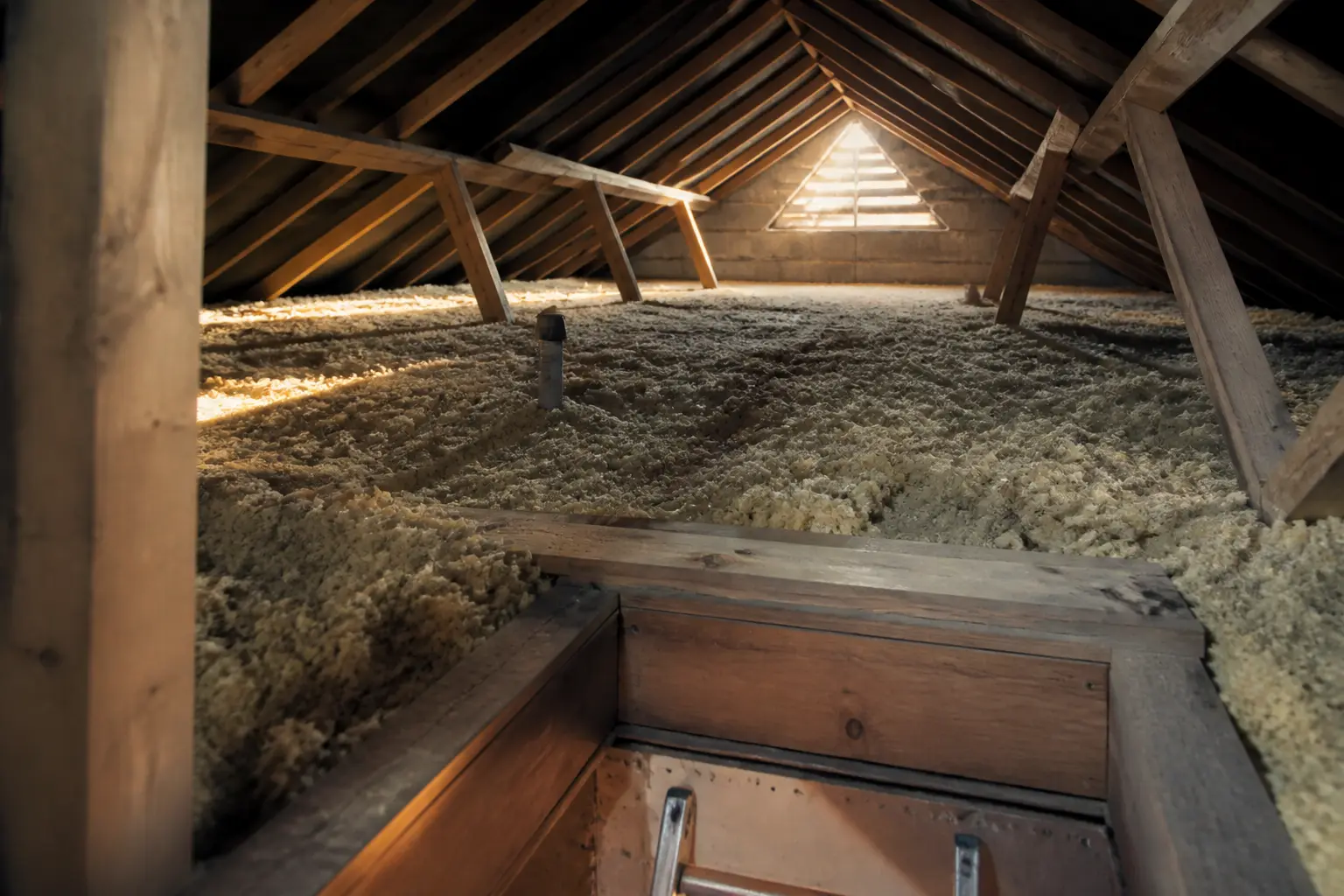 Combles perdus accessibles, souffler laine de roche sur le plancher sous toiture, trappe étroite et charpente apparente