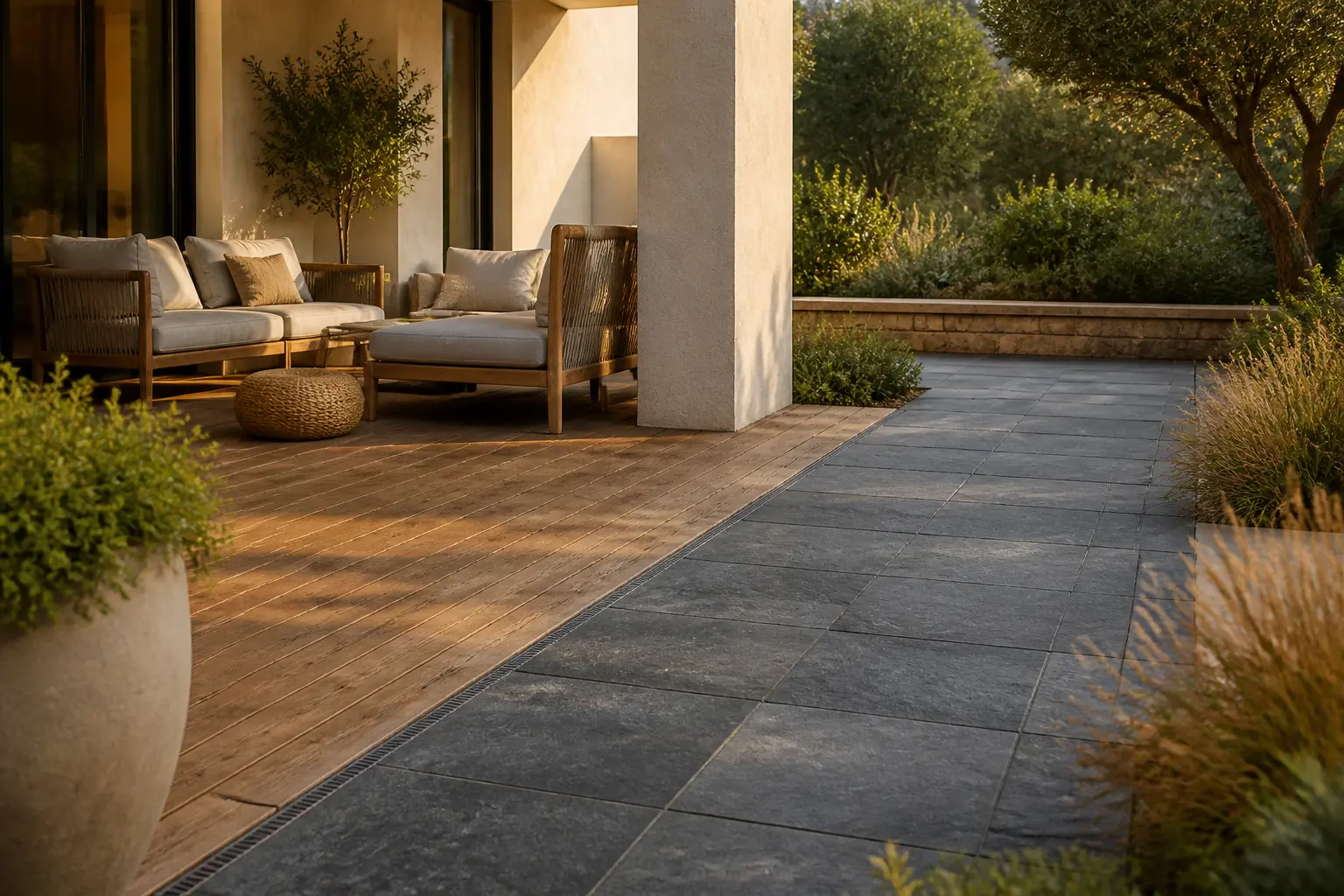 Terrasse bois et carrelage : terrasse résidentielle avec deck bois et zone carrelée, séparés pour usage et drainage.