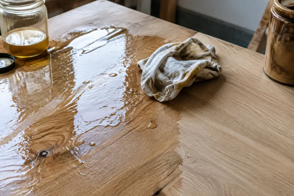 Planche de chêne huilée : flaques d'huile brillantes non essuyées à gauche, surface essuyée mate à droite