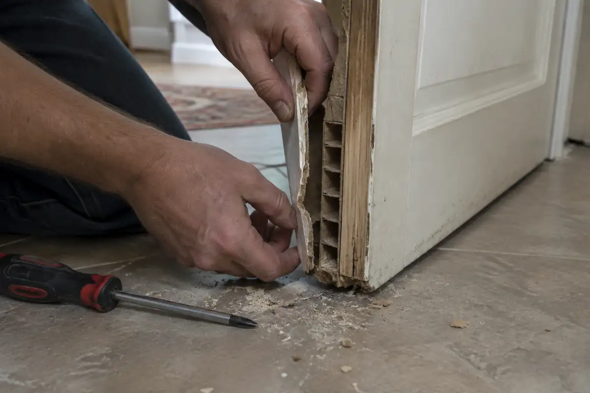 Chant abîmé d'une porte alvéolaire montrant l'âme en nid d'abeille carton et le cadre en bois