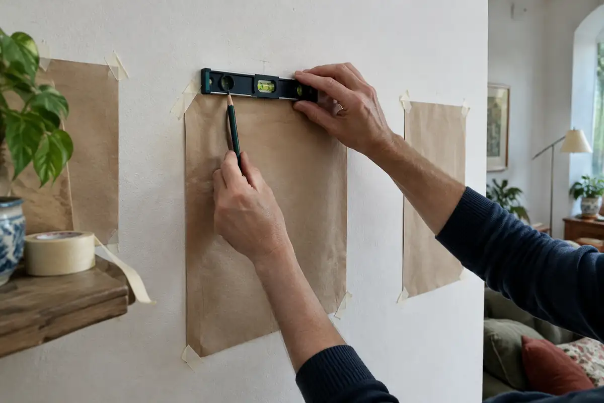Gabarits en papier kraft scotchés au mur et niveau à bulle posé sur le repère au crayon