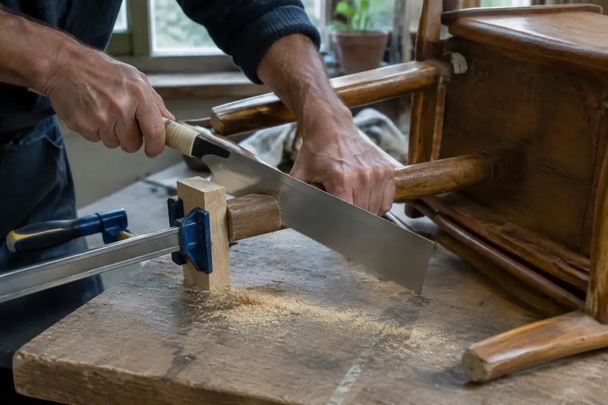 Pied de chaise en bois scié à la scie japonaise contre une cale serrée au serre-joint, sur un établi