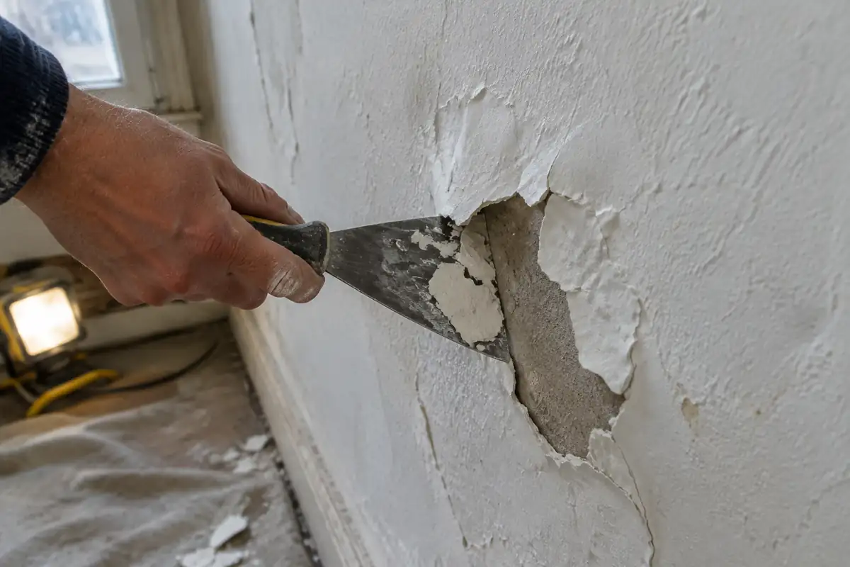 Cloque de peinture ouverte au couteau de peintre sur un mur, le plâtre gris apparaissant dessous