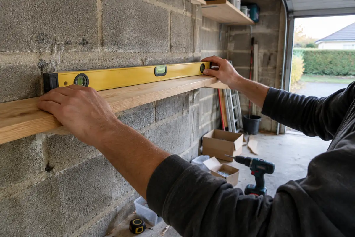 Garage à moitié vidé, une planche d'étagère tenue contre le mur avec un niveau, perceuse et cartons au sol