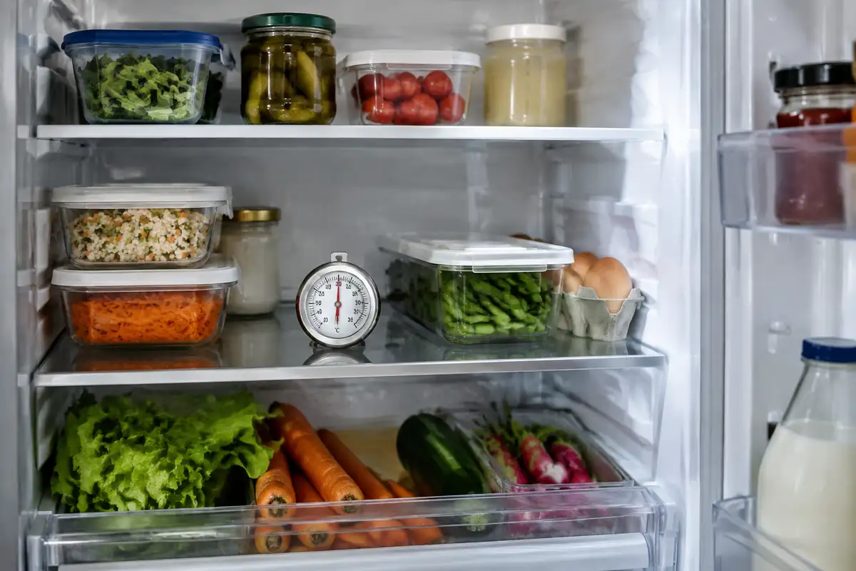 Intérieur d'un réfrigérateur ouvert bien rangé avec un thermomètre sur une clayette