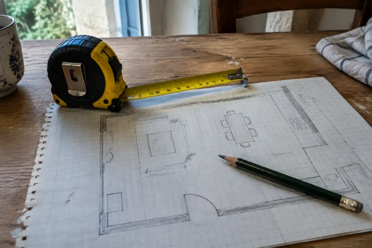 Mètre ruban et crayon posés sur un plan dessiné de pièce sur papier quadrillé